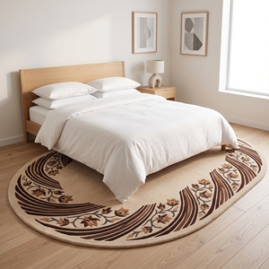 Alfombra Moderna de Lana con Borde Floral Ovalado, Color Marrón Marfil, Hecha a Mano, Antideslizante, con Respaldo de Látex Extra Grueso - Product Image 2