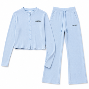 Conjunto Deportivo Azul Pastel para Mujer, Chaqueta de Punto con Botones y Pantalones Acampanados, Atuendo Casual de Dos Piezas, Venta al Por Mayor de Fábrica OEM - Product Image 3