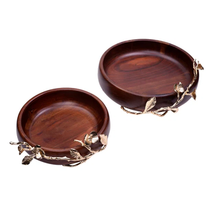 Organic Modern Dark Wood Bowl Gold Metal Leaf & Blossom Accent Dish Premium Sculptural Wooden Serving Bowl for Living Room - Product Image 2