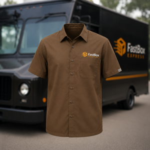 เสื้อเชิ้ตทำงานผู้ชายสีน้ำตาล FastBox แขนสั้น ผ้าฝ้ายระบายอากาศ พิมพ์ลายโลโก้ ส่งด่วน ชุดยูนิฟอร์ม - Product Image 1