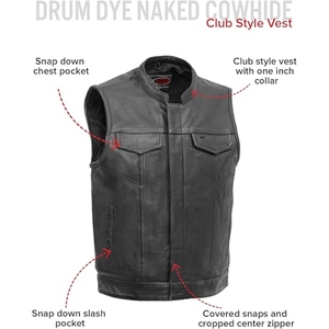Custom Men Black Genuine Cowhide <b>Leather</b> Motorcycle Club Vest Stand Collar <b>Biker</b> <b>Leather</b> <b>Waistcoat</b> with Concealed Front Closure - Product Image 4