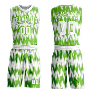ชุดเสื้อบาสเก็ตบอลสีเขียวขาวลายซิกแซกแบบกำหนดเอง ผ้าโพลีเอสเตอร์ 100% ลายเปลวไฟแบบซับลิเมชั่น ชุดยูนิฟอร์มบาสเก็ตบอลสำหรับทีม - Product Image 1