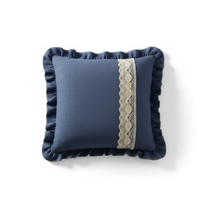 Navy Blue Denim Square <b>Cushion</b> <b>Cover</b> with Floral Lace Handmade Luxury Living Indian Manufacturer - Product Image 2