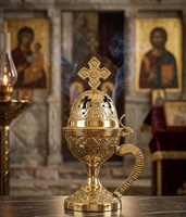 Encensoir religieux artisanal en laiton massif avec motif croix en relief, finition argent brillant, pot à encens orthodoxe, fourniture d'église