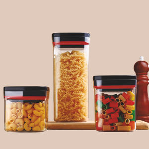 Clear Airtight Food <b>Storage</b> <b>Container</b> Set of 3 Square <b>Kitchen</b> Organizers with Black Red Lids for Pantry Countertop Grains Pulses - Product Image 1