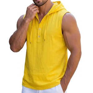 Débardeur Henley sans manches à capuche pour homme, en jersey slub, sur mesure, prix de gros, OEM, pour la musculation et la gym - Product Image 3