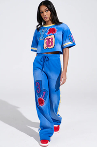 Women's Blue <b>Cropped</b> T-Shirt And Jogger Set With <b>Red</b> Star Print Loose Fit Streetwear 2-Piece Sportswear Spring Summer - Product Image 2