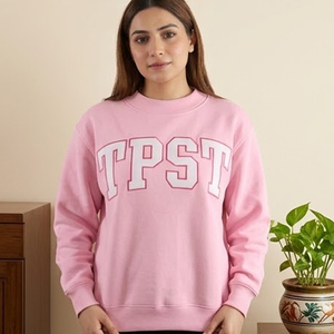 <b>Pink</b> Women's Oversized Crew Neck <b>Sweatshirt</b> With TPST Letter Print Regular Fit Knitted Cotton Autumn Wear - Product Image 1