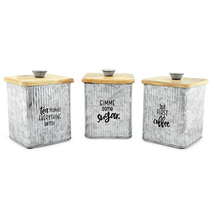 Contenedor de metal Caja de almacenamiento resistente moderna con acabado de laca galvanizada natural Forma cuadrada con tapa de madera Juego de 3 - Product Image 1
