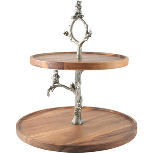Handcrafted 2 Tier Acacia Wood <b>Cake</b> <b>Stand</b> With Whimsical Pewter Squirrel Tree Branch Design Luxury Wooden Dessert Display Decor - Product Image 1