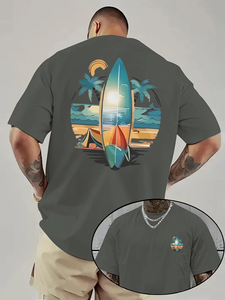 Men's Gray T-Shirt Short Sleeve O-Neck Digital Print Beach Surf Design Regular Fit 100% Cotton Jersey Breathable Casual Custom - Product Image 5