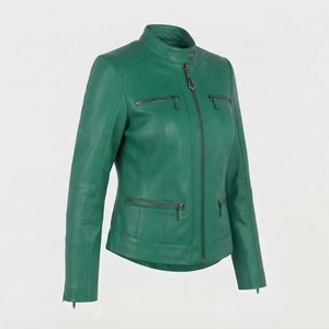 Women's Genuine <b>Leather</b> Moto Jacket Stand Collar Full Sleeve Zipper Closure Solid Green Autumn Outerwear - Product Image 3