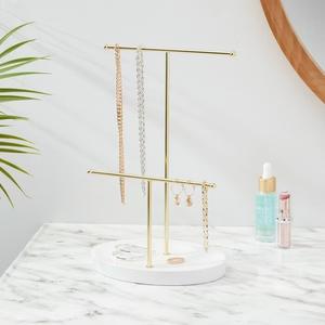 Refined Dual Level Jewelry Organizer With Offset Bars Necklace <b>Bracelet</b> Holder Round Base Sleek Space Saving Vanity Display - Product Image 1