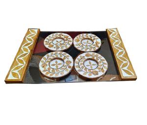 Plateau de service en bois d'acacia et résine artisanale de qualité, incrustation de nacre, ensemble de 4 pièces, 40x30cm, rouge/bleu/jaune, pour cadeau de Ramadan ou de l'Aïd - Product Image 1