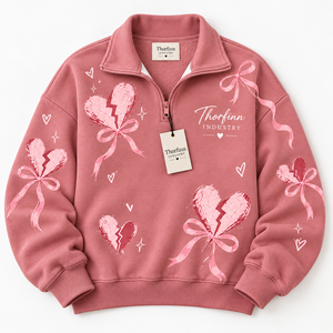 เสื้อสเวตเชิ้ตผู้หญิงแบบซิปครึ่งตัว ผ้าฟลีซ คอปกพับ ไหล่ตก แขนยาว สีชมพู พิมพ์ลายหัวใจแตก แบบสวมหัว OEM ระบายอากาศได้ดี - Product Image 5
