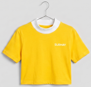 Chemise décontractée en coton à manches courtes jaune Subhay pour homme, col montant respirant, t-shirt court pour filles - Product Image 1