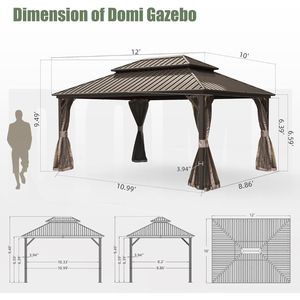 Gazebo in Alluminio con Tetto Rigido 10' X 12', Tetto Doppio in Acciaio Zincato, Tenda e Rete, Pergola Permanente - Product Image 6