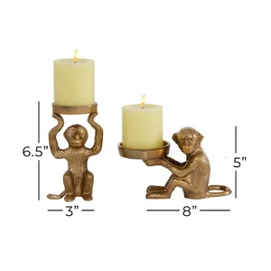 Juego de Faroles de Mono en Tono Dorado, Decoración Navideña para el Hogar, Hechos a Mano en Metal, 6.5 y 5 Pulgadas de Altura - Product Image 1