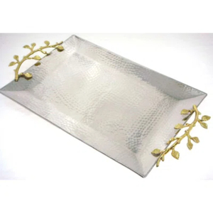 Highest Quality Hammered <b>Silver</b> Metal Tray With Gold Designer Handle Tableware Food Swerving Tray <b>Coffee</b> <b>Table</b> Tray For Sale - Product Image 2