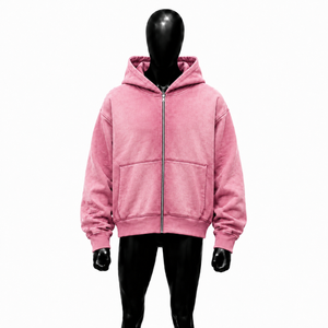 <b>Pink</b> Oversized Zip Up Hoodie Embossed Texture Heavyweight Streetwear Full Zip Hooded <b>Sweatshirt</b> Distressed Sleeve Casual Unisex - Product Image 1