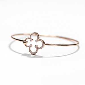 Bracelet fin en or massif 10K 14K 18K avec diamant de laboratoire rond, motif trèfle, breloque florale délicate, empilable, ajustable, motif quadrifoliaire - Product Image 5