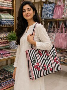 Handmade Eco-Friendly Quilted Print Fashion Lightweight <b>Canvas</b> <b>Tote</b> Bag Customizable Zipper Bohemian Vintage Lady - Product Image 3