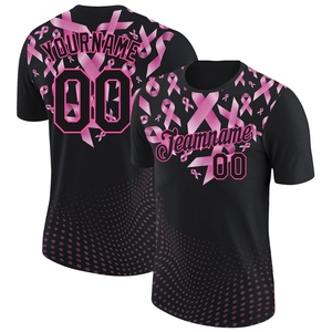 T-shirt de performance en polyester 100% noir avec ruban rose 3D personnalisé pour la lutte contre le cancer du sein, fabrication directe en gros - Product Image 1