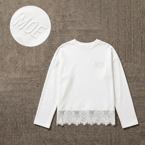 Camisa de manga larga para mujer, 100% algodón premium, con ribete de encaje, corte holgado, informal, con abertura lateral, blusa con bordado tonal personalizado. - Product Image 3