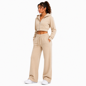 High Quality <b>Women</b> <b>Short</b> Crop Hoodie Zip Front Wide Leg Sweatpants Soft Fleece Two Piece Suit Solid Color Custom Tracksuit <b>Set</b> - Product Image 2