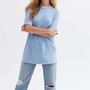 T-shirt décontracté en jersey de coton bleu clair à col en V, coupe ajustée, imprimé, manches courtes, couleur unie, pour femme, style urbain, printemps-été - Product Image 2