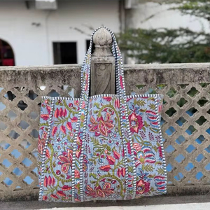 Indian Cotton Floral <b>Print</b> Tote Bag Quilted Open Closure Beach Travel Weekend Outings Handbag - Product Image 1