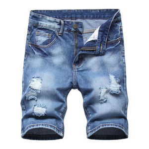 Shorts en jean déchirés et délavés pour homme, style streetwear, coupe droite, taille mi-haute, décontracté, été, en coton bleu, lavable, effet soyeux - Product Image 1