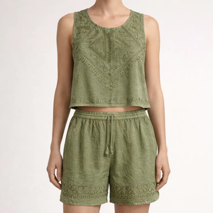 Women's <b>Viscose</b> Embroidered <b>Top</b> and Short Set Manufacturer Beachwear Summer Spring - Product Image 1