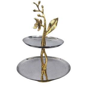 Wholesale Elegant 2-Tier Metal Cake Stand Stainless Steel & Brass Finished Decorative Dessert Server With Orchid Flower Handle - Product Image 1