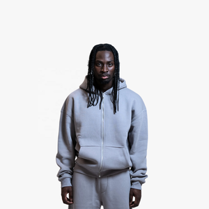 High Quality Oversized Men's Gray Hooded Tracksuit <b>Full</b> <b>Zip</b> <b>Sweatshirt</b> And Pants Set Casual Loose Fit Solid 100% Cotton Autumn - Product Image 5