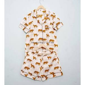 Trending Elegant <b>Modest</b> Indian Handmade 100% Cotton Pajama <b>Set</b> Breathable Digital Printed Jungle Vintage Short Night Wear Women - Product Image 6