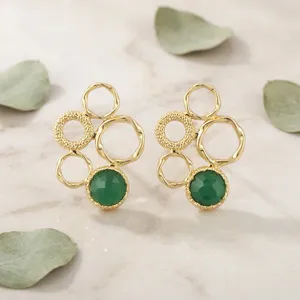 Pendientes de Ónix Verde Natural Redondo con Baño de Oro de 18K, Diseño Circular con Cuentas, Joyería de Moda Brillante al por Mayor - Product Image 4