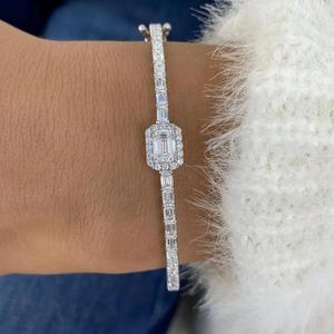 Emerald Cut Diamond Tennis Bracelet with Emerald Halo Center <b>Solid</b> <b>Gold</b> Luxury Bracelet Elegant Wedding Jewelry Gift For Her - Product Image 1