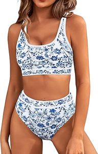 Ensemble bikini imprimé floral bleu pour femme, haut bandeau taille haute, col carré, maillot de bain deux pièces extensible, coupe régulière - Product Image 5