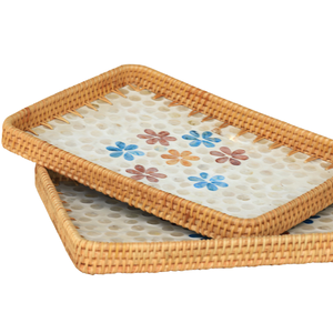 Bandeja Rectangular Moderna de Ratán con Incrustaciones de Madreperla, Diseño Floral Pastel, Plato Decorativo Premium para Sala de Estar, Venta al Por Mayor - Product Image 1