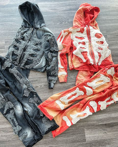 Unisex Distressed <b>Skeleton</b> Patch Hoodie Sweatpants Set Oversized Zip Up Hooded Tracksuit Streetwear Two Piece Outfit - Product Image 1