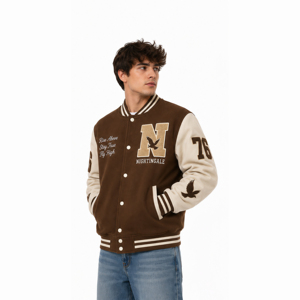 Custom Logo High Quality Chenille Embroidery Patchwork <b>Winter</b> Bomber Letterman Unisex Varsity <b>Jacket</b> with <b>Leather</b> Sleeves - Product Image 1