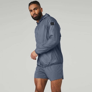 Men's Hooded Windbreaker Jacket And <b>Shorts</b> Set Solid Color Quick Dry Sporty Outerwear For Summer Activities - Product Image 2