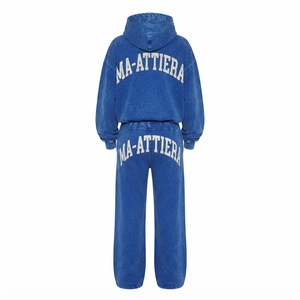 Conjunto de Sudadera Oversize Azul Lavado Personalizado y Pantalones Anchos de Felpa para Mujer, Chándal de Algodón Estilo Urbano OEM ODM - Product Image 3