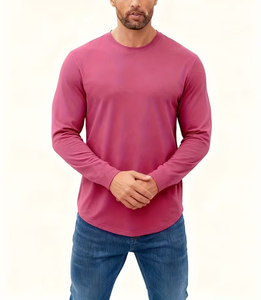 Men's Long Sleeve O-Neck T-Shirt Solid Pink Regular Fit Casual Knitted Jersey 100% Cotton Breathable Quick Dry 180g - Product Image 3