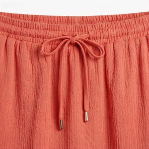 Jupe midi évasée corail pour femme, taille élastique avec cordon de serrage, décontractée, été, couleur unie, mélange viscose et coton - Product Image 4