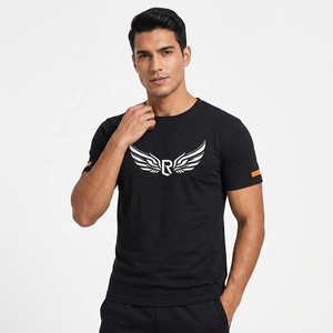 T-shirt noir à manches courtes pour homme avec logo blanc et manches orange, coupe classique, jersey décontracté, tricoté, respirant - Product Image 6
