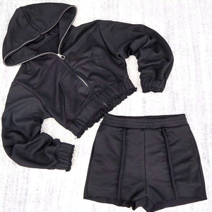 Custom Logo Set 100% Cotton Oversized Women 2 Piece Sweat Suit <b>Cropped</b> Top <b>Zip</b> <b>up</b> Hoodie and Shorts Set for Women - Product Image 1