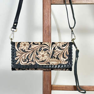 Nouvelle Tendance Mode : Mini Sac à Main Pochette en Cuir Véritable de Vache, Motif Floral Gravé à la Main, Portefeuille Trifold Bandoulière avec Dragonne pour Femme - Product Image 4