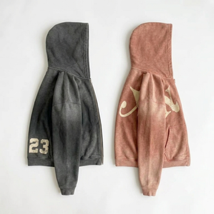 Custom Vintage Wash Full <b>Zip</b> Fleece Hoodie Heavy Weight Cotton Distressed Mens Streetwear Eco-Friendly Retro Style Pocket - Product Image 2